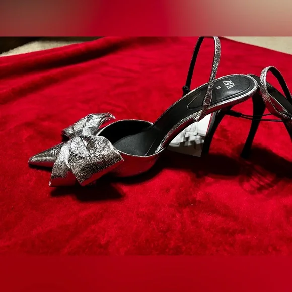 Zara Silver Metallic Slingback Heels with Bow - Picture 4 of 7